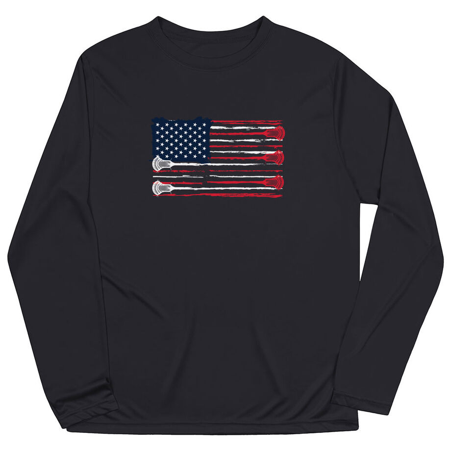 Guys Lacrosse Long Sleeve Performance Tee - American Flag - Personalization Image