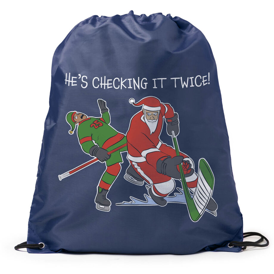 Hockey Drawstring Backpack - He's Checking It Twice