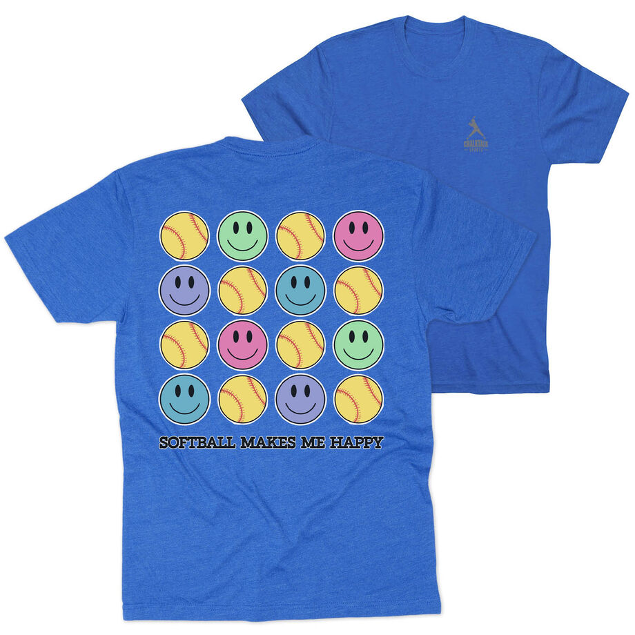 Softball Short Sleeve T-Shirt - Softball Makes Me Happy (Back Design)