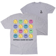 Softball Short Sleeve T-Shirt - Softball Makes Me Happy (Back Design)