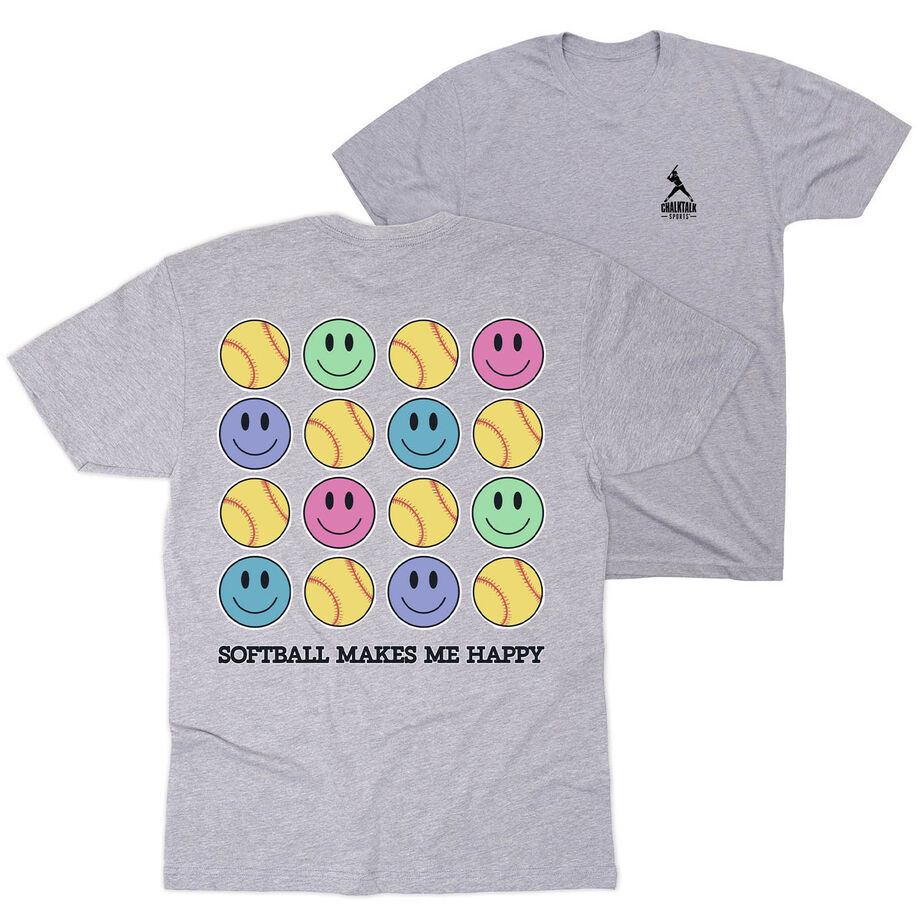 Softball Short Sleeve T-Shirt - Softball Makes Me Happy (Back Design)