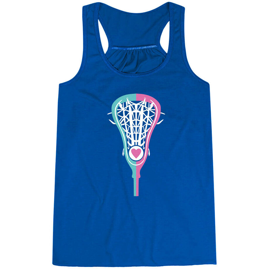 Girls Lacrosse Flowy Racerback Tank Top - Lacrosse Stick Heart Pink Teal White [Adult Small/Blue] - SS