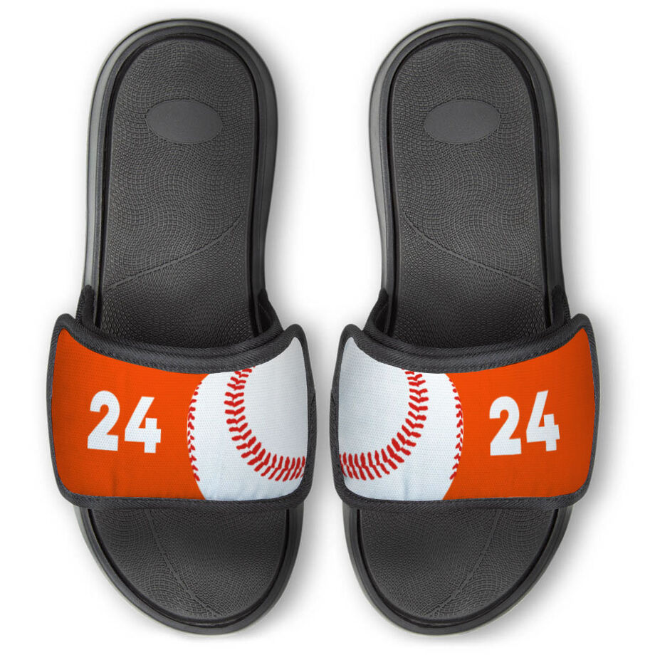 Baseball Repwell&reg; Slide Sandals - Ball and Number Reflected - Personalization Image
