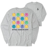Softball Tshirt Long Sleeve - Softball Makes Me Happy (Back Design)