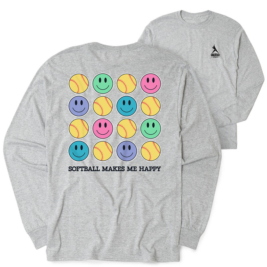 Softball Tshirt Long Sleeve - Softball Makes Me Happy (Back Design)