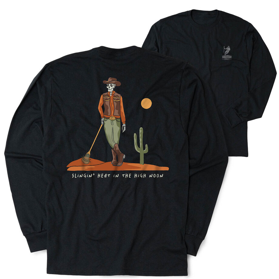 Guys Lacrosse Tshirt Long Sleeve - Slingin Heat In The High Noon (Back Design)