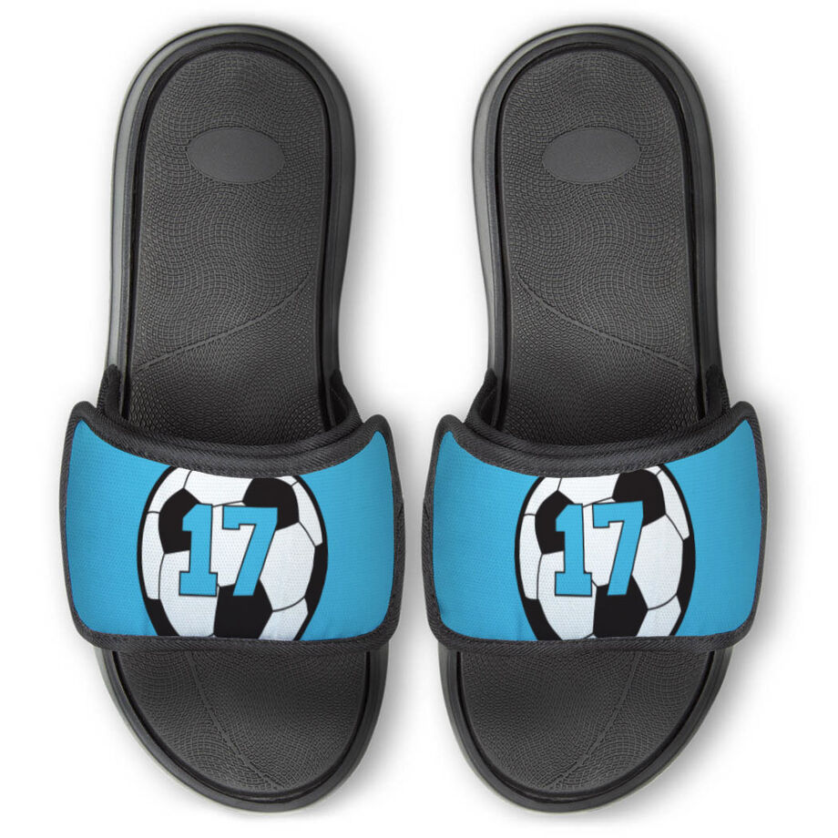 Soccer Repwell&reg; Slide Sandals - Soccer Ball with Number - Personalization Image