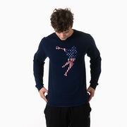 Guys Lacrosse Tshirt Long Sleeve - American Flag Silhouette