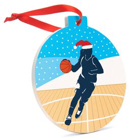 Basketball Round Ceramic Ornament - Girl Silhouette with Santa Hat