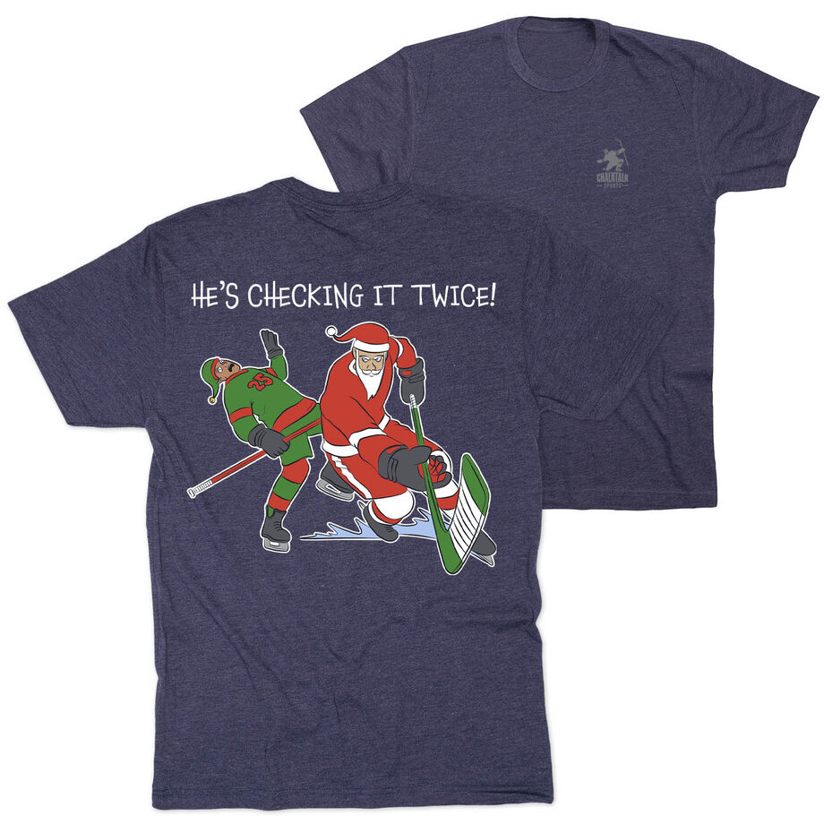 Hockey Short Sleeve T-Shirt - He's Checking It Twice (Back Design) 