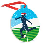 Soccer Round Ceramic Ornament - Girl Silhouette with Santa Hat
