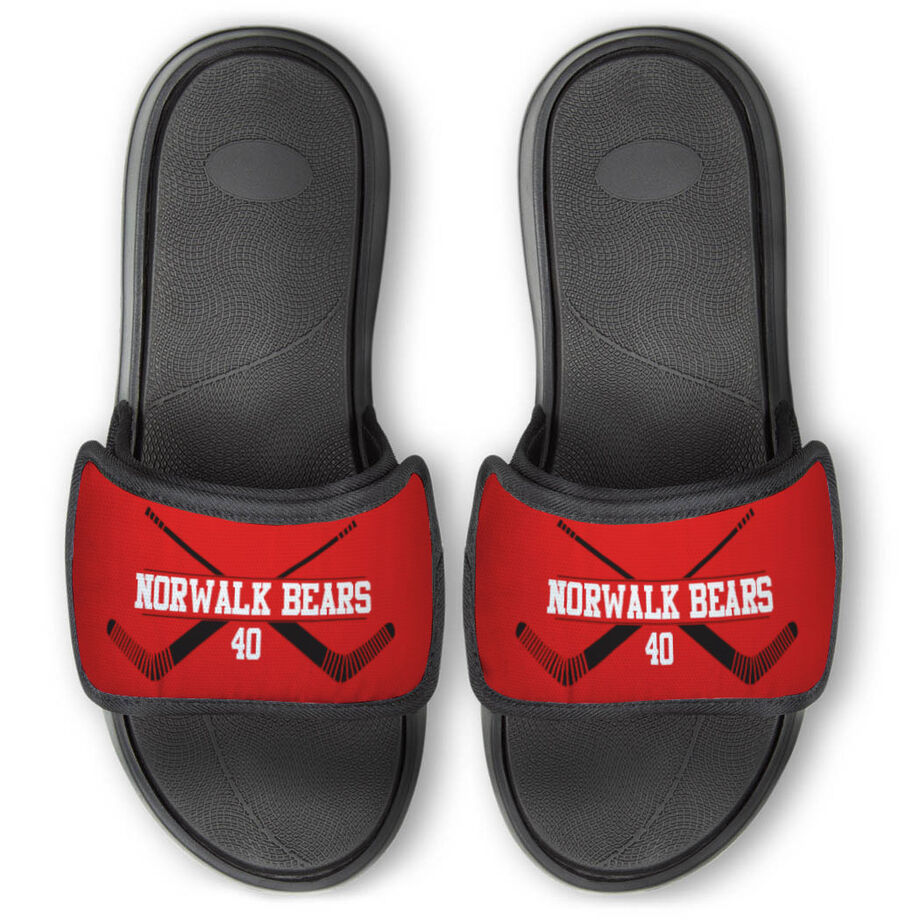 Hockey Repwell&reg; Slide Sandals - Personalized Goalie Crossed Sticks - Personalization Image