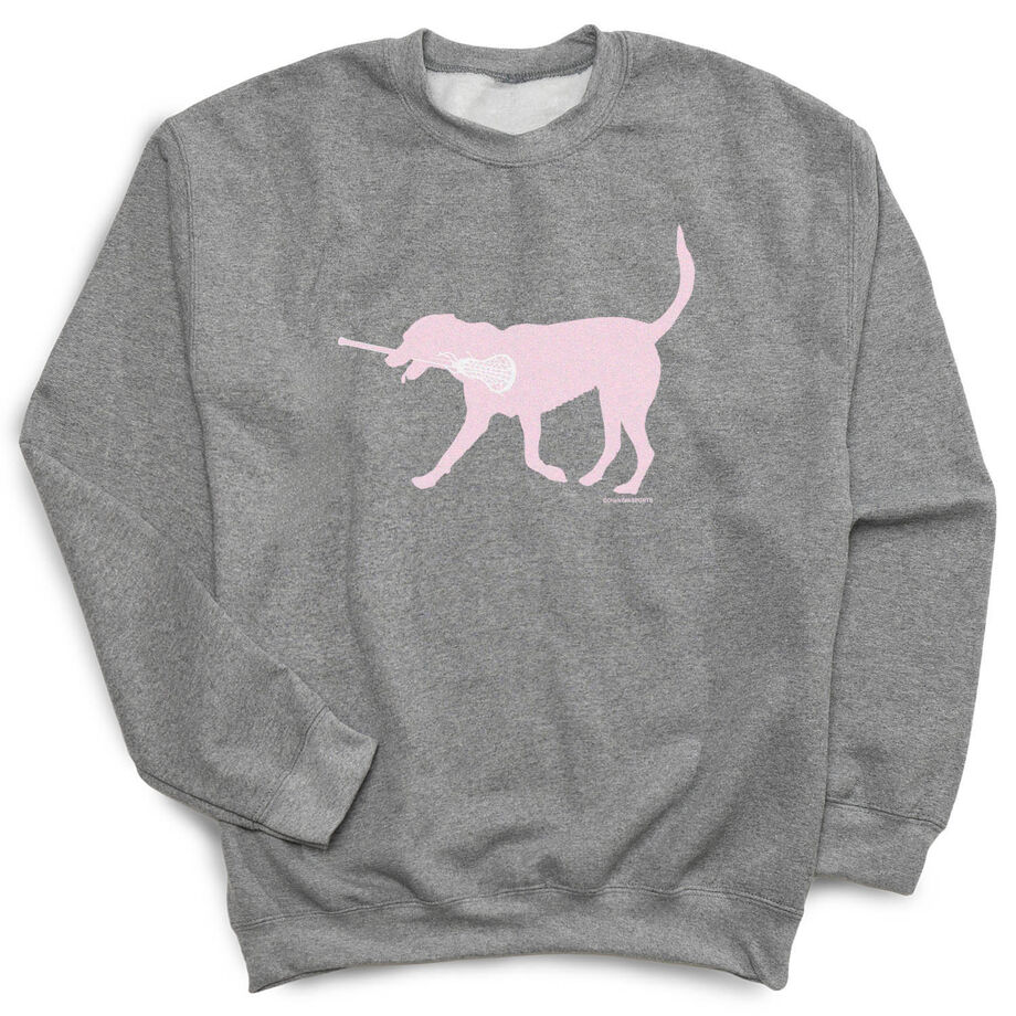 Girls Lacrosse Crew Neck Sweatshirt - LuLa the LAX Dog (Pink) - Personalization Image
