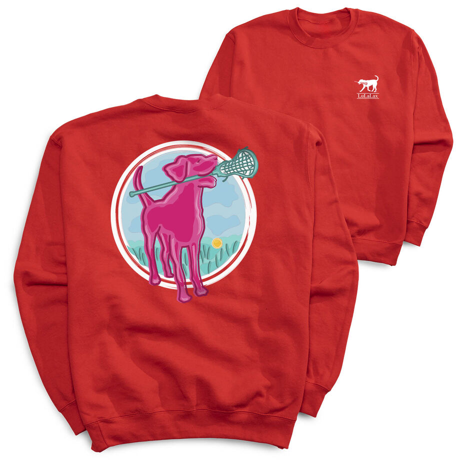 Girls Lacrosse Crewneck Sweatshirt - Lacrosse Dog with Girl Stick (Back Design)