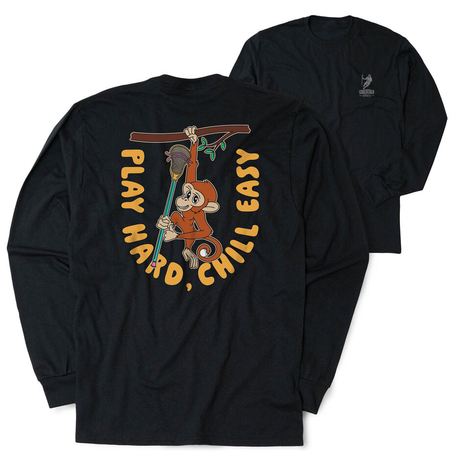 Guys Lacrosse Tshirt Long Sleeve - Play Hard, Chill Easy (Back Design)