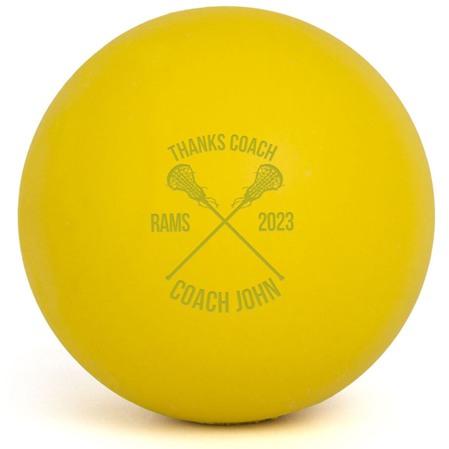 Lacrosse Thanks Coach Crossed Sticks Female Laser Engraved Lacrosse Ball (Yellow Ball) - Personalization Image