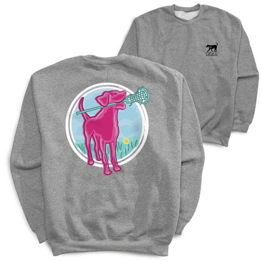 Girls Lacrosse Crewneck Sweatshirt - Lacrosse Dog with Girl Stick (Back Design)
