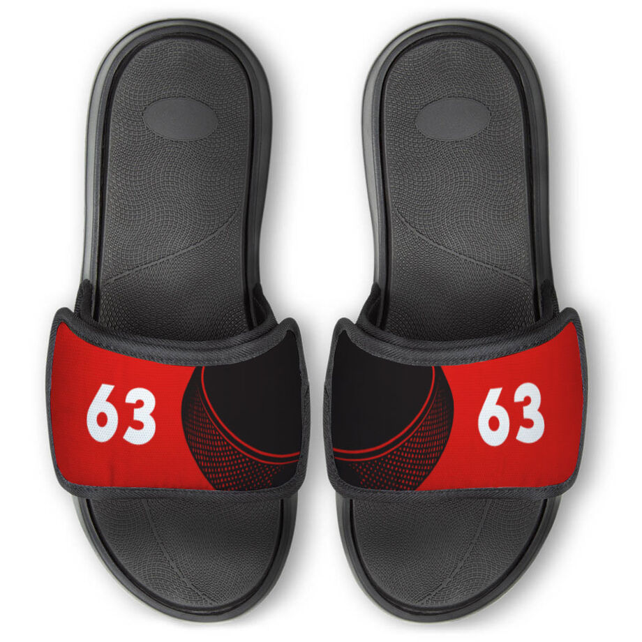 Hockey Repwell&reg; Slide Sandals - Puck and Number Reflected - Personalization Image