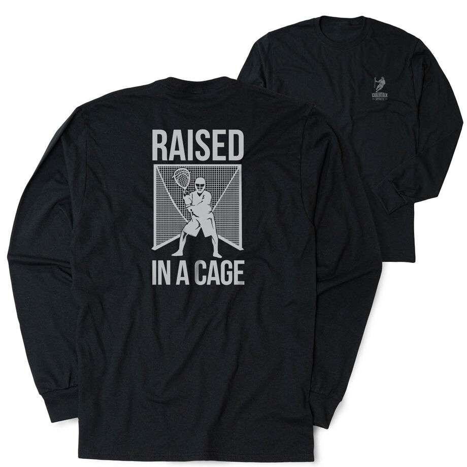 Guys Lacrosse Tshirt Long Sleeve - Raised In a Cage (Back Design)