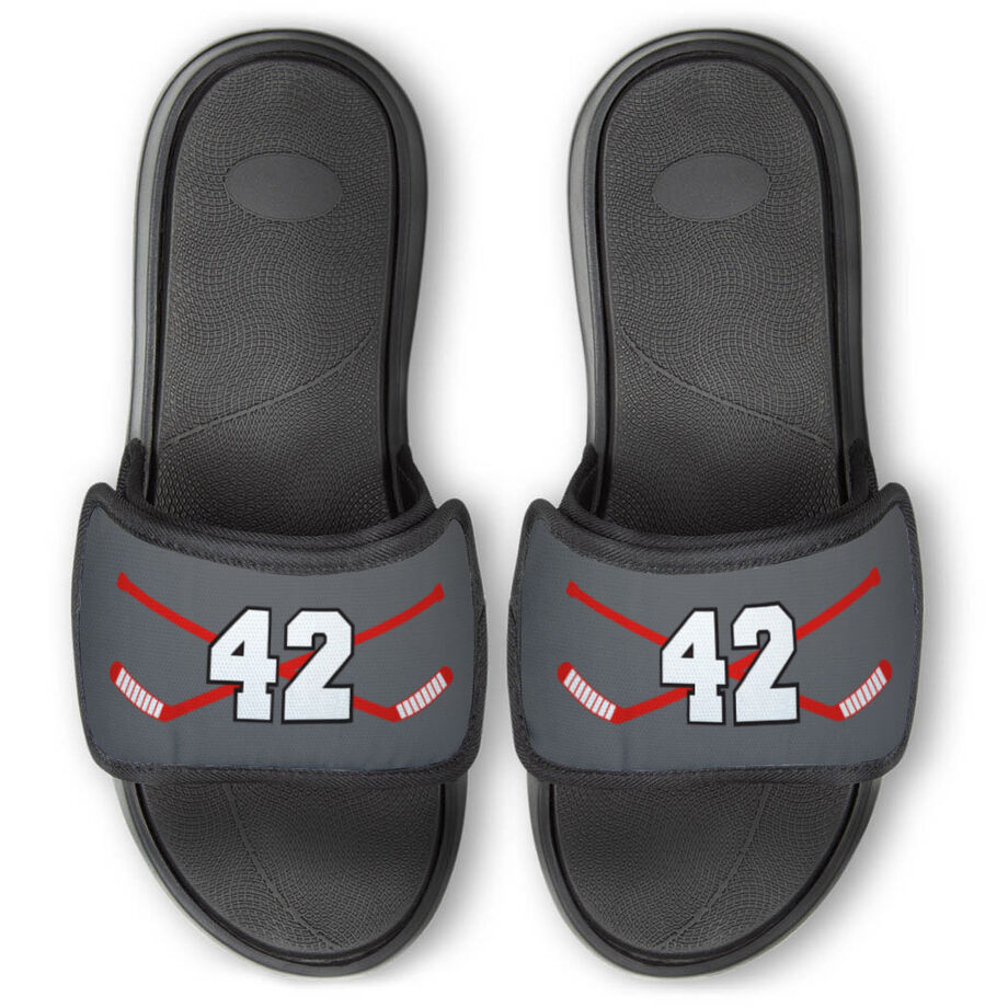 Hockey Repwell&reg; Slide Sandals - Hockey Crossed Sticks with Number