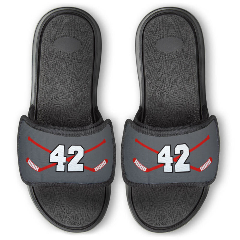 Hockey Repwell&reg; Slide Sandals - Hockey Crossed Sticks with Number - Personalization Image