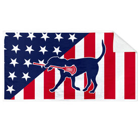 Guys Lacrosse Premium Beach Towel - Patriotic Lacrosse Dog