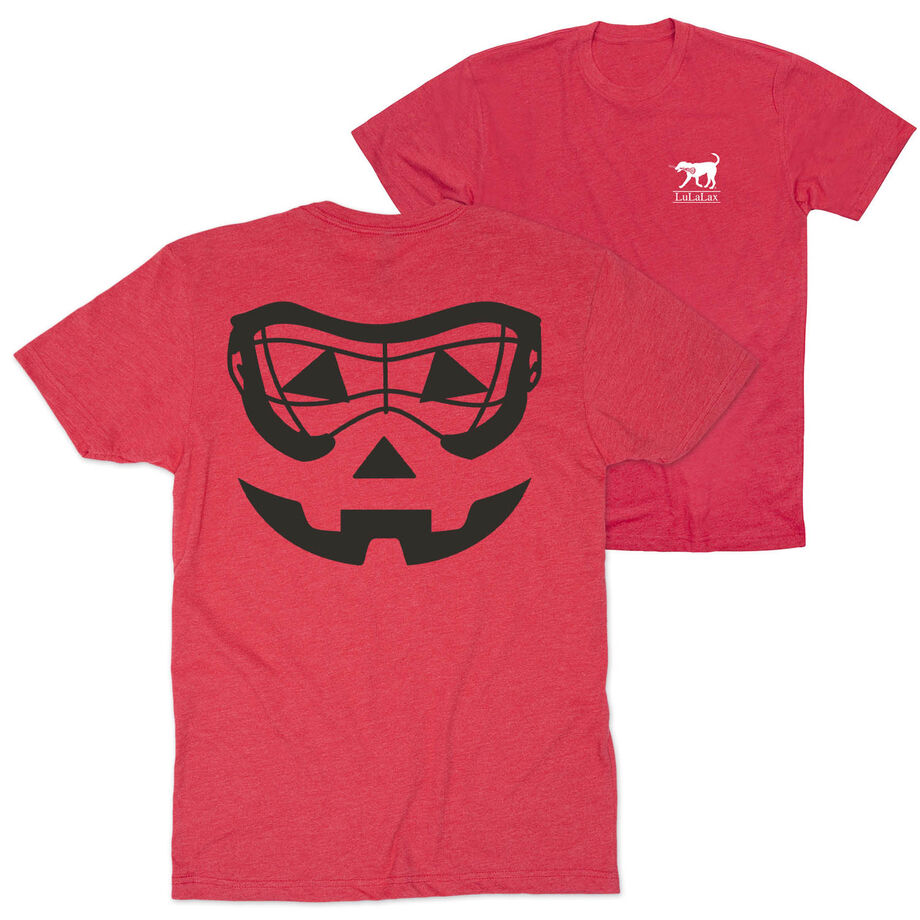 Girls Lacrosse Short Sleeve Tee - Lacrosse Goggle Pumpkin Face (Back Design)
