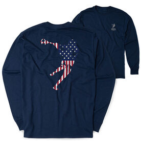 Guys Lacrosse Tshirt Long Sleeve - American Flag Silhouette (Back Design)