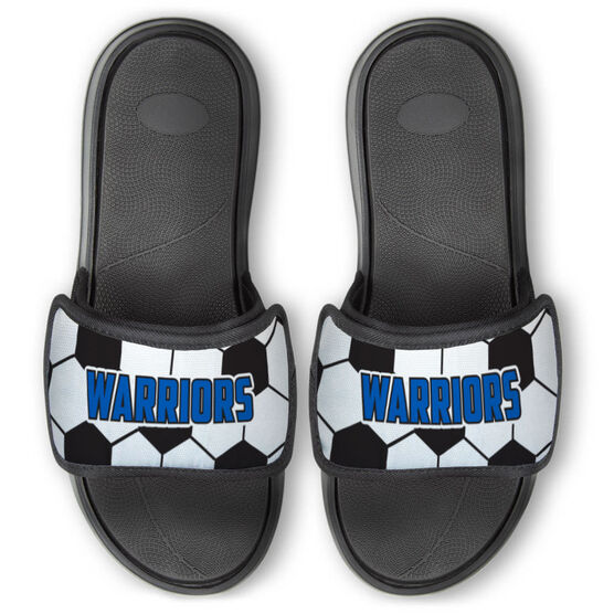 Soccer Repwell&reg; Slide Sandals - Soccer Ball Texture With Text