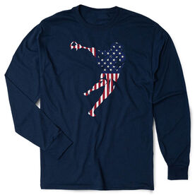 Guys Lacrosse Tshirt Long Sleeve - American Flag Silhouette