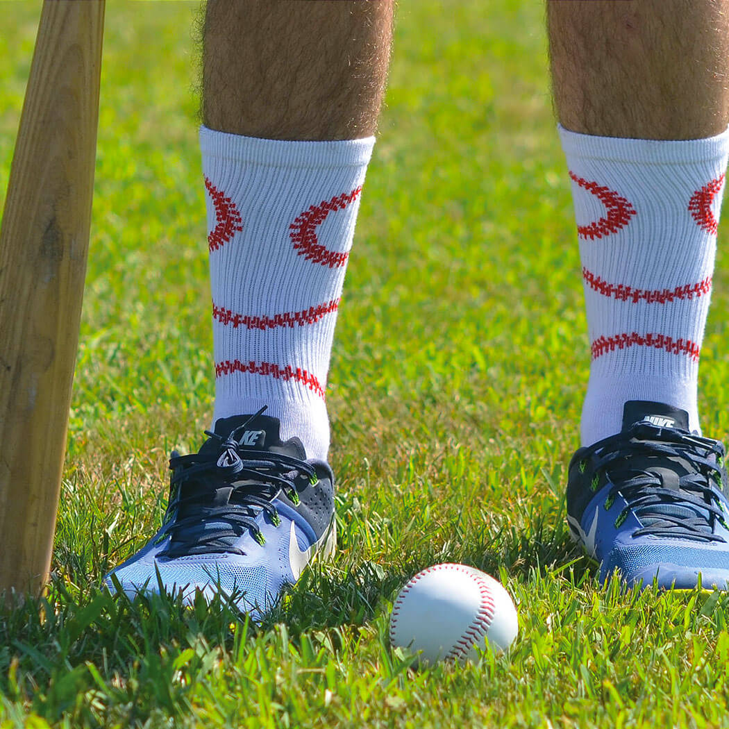 Baseball Woven Mid Calf Socks - Stitches (White/Red) | ChalkTalkSPORTS