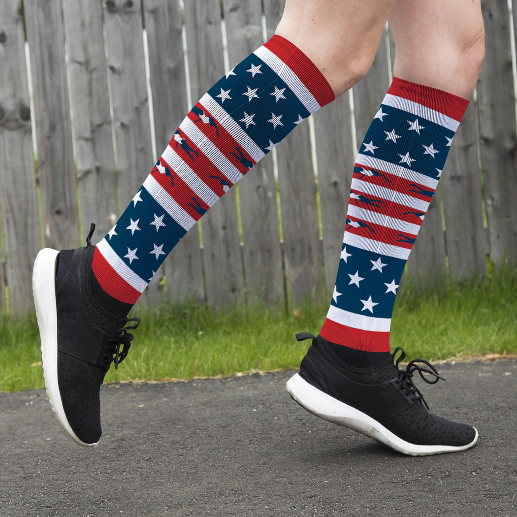 Swimming Printed Knee-High Socks - USA Swim (Female) | ChalkTalkSPORTS