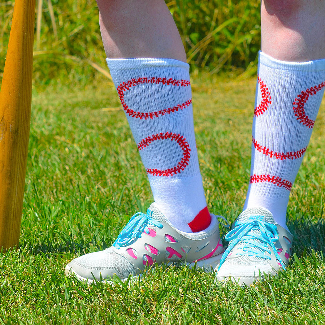 Baseball Woven Mid Calf Socks - Stitches (White/Red) | ChalkTalkSPORTS