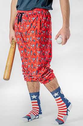 Male Wearing Batter Up Lounge Pants and Mid Calf Socks